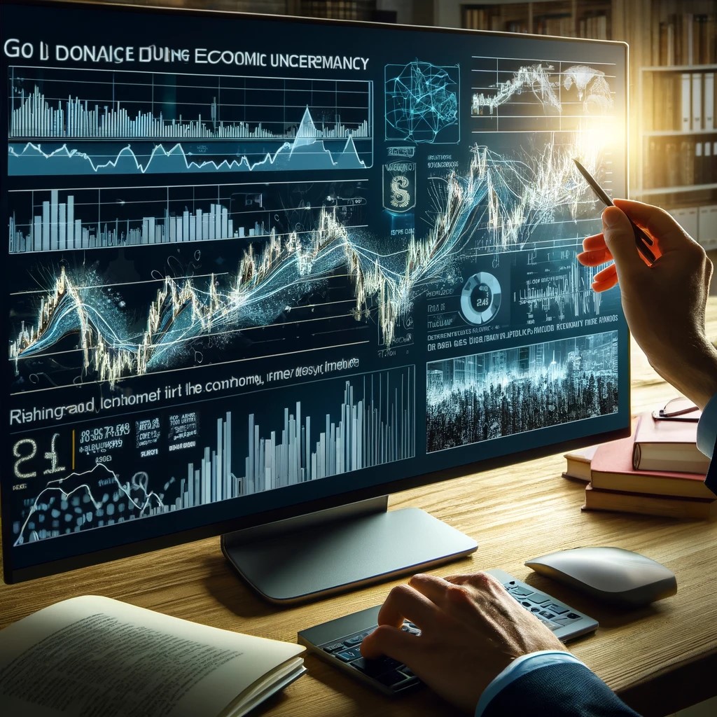 DALL·E 2024-05-15 12.37.23 - An investor analyzing economic data on a computer screen that displays the rising trend of gold prices during economic uncertainty. The screen shows c