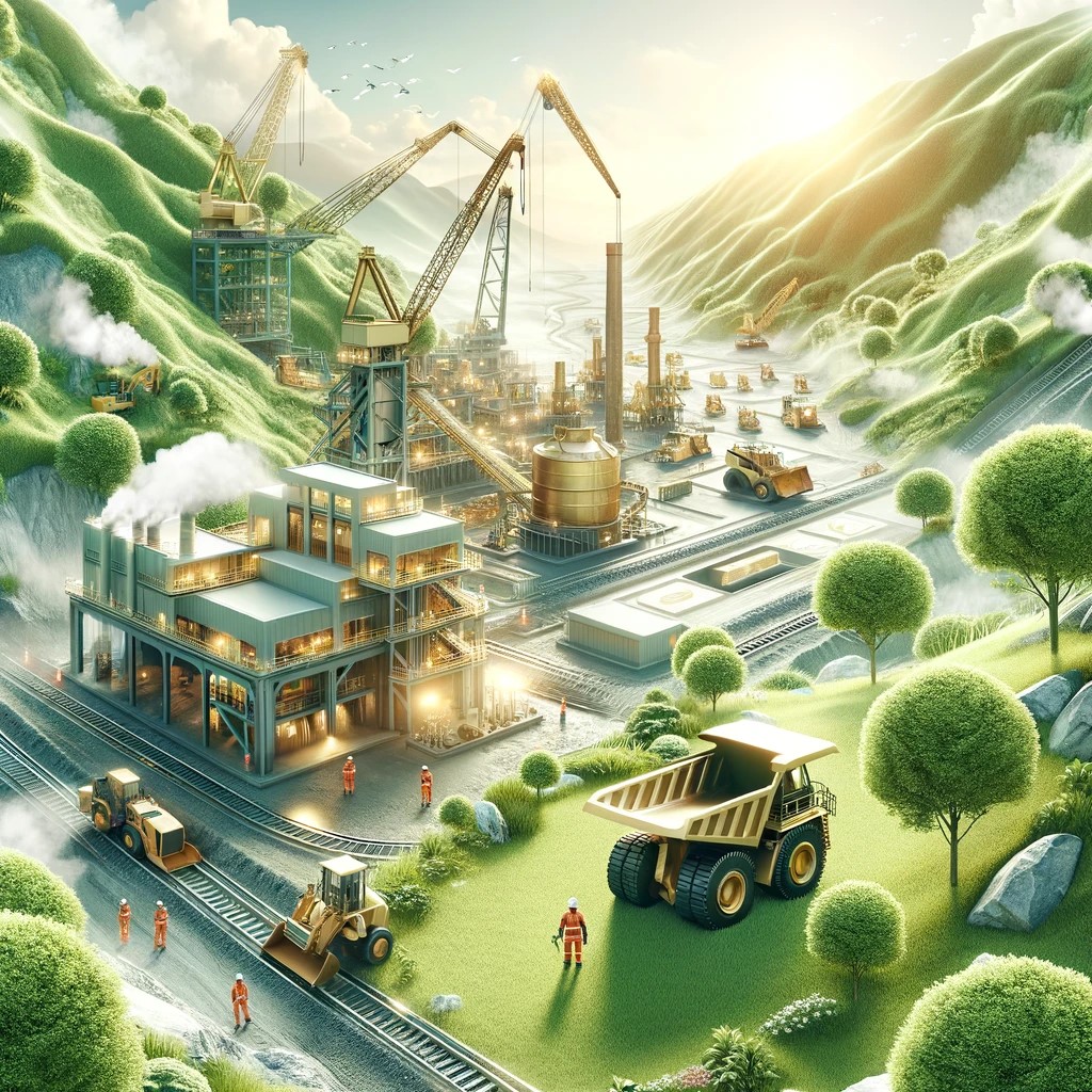 DALL·E 2024-05-15 12.37.26 - A modern mining site showcasing environmentally responsible mining practices. The image depicts a gold mine with advanced machinery that minimizes env