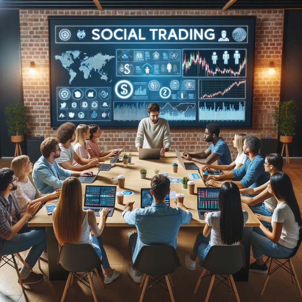 DALL·E 2024-05-15 12.51.51 - A group of diverse people, including young adults and older investors, engaging in a lively workshop or seminar about social trading. They are seated 