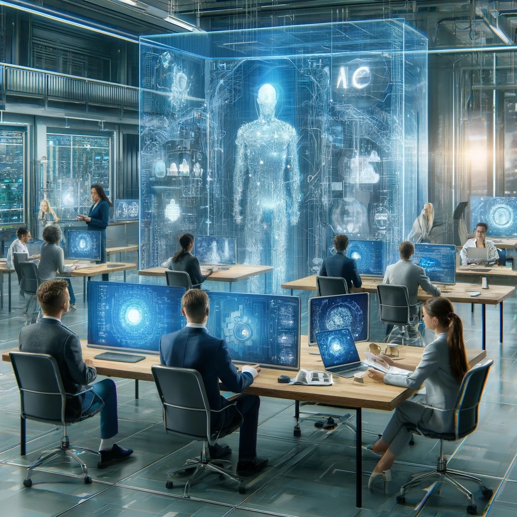 DALL·E 2024-05-15 00.00.44 - A futuristic office with tech professionals collaborating on AI and machine learning projects, with holographic displays and advanced computing device