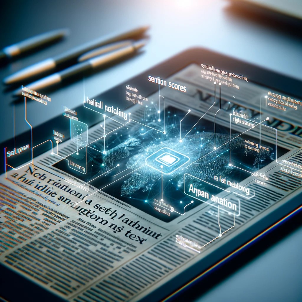 DALL·E 2024-05-15 12.32.36 - A digital newspaper interface displayed on a tablet, with highlighted text and sentiment scores. The scene includes the use of natural language proces