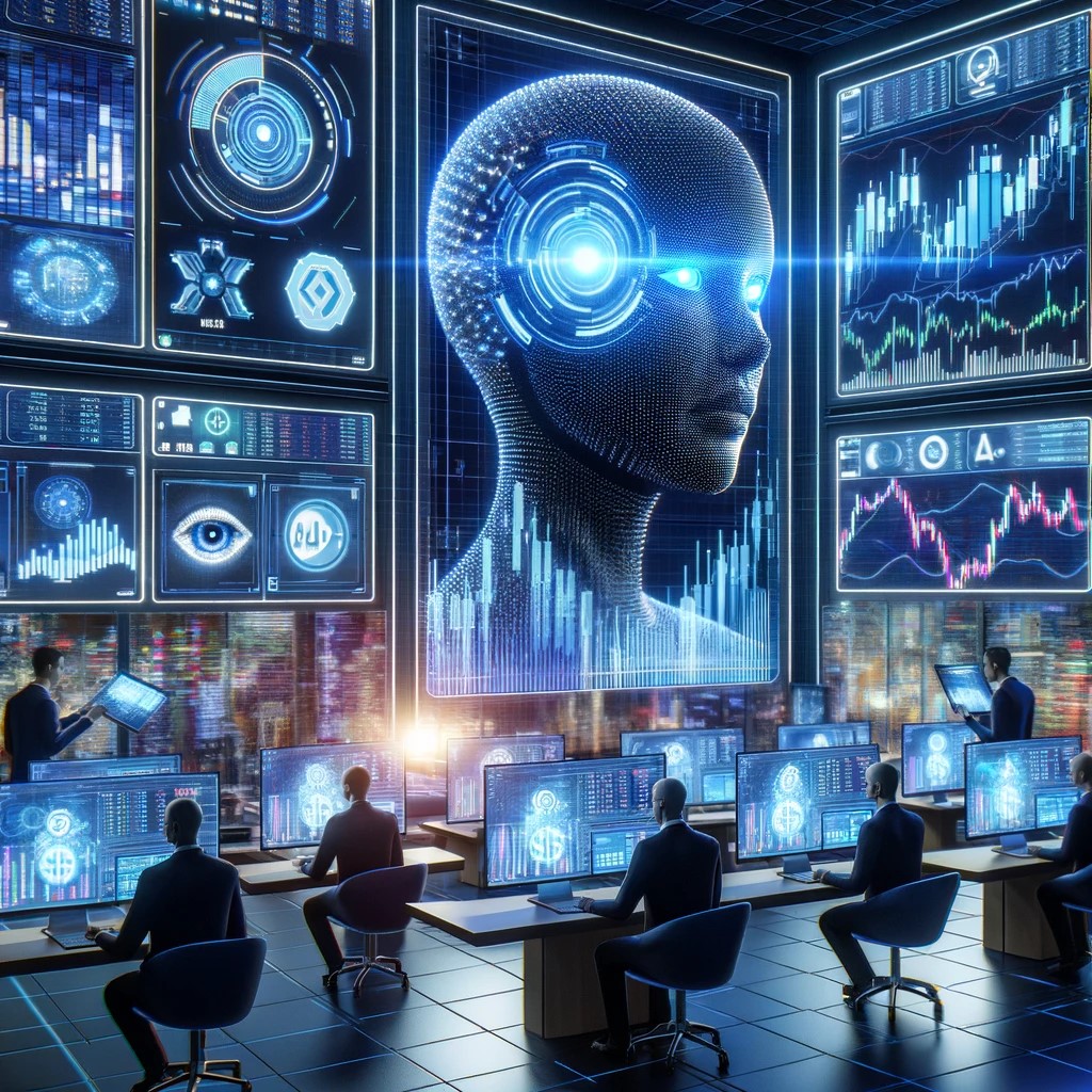 DALL·E 2024-06-04 12.27.00 - A futuristic trading room where traders are using AI-powered systems to predict stock market trends. The scene includes large screens displaying compl