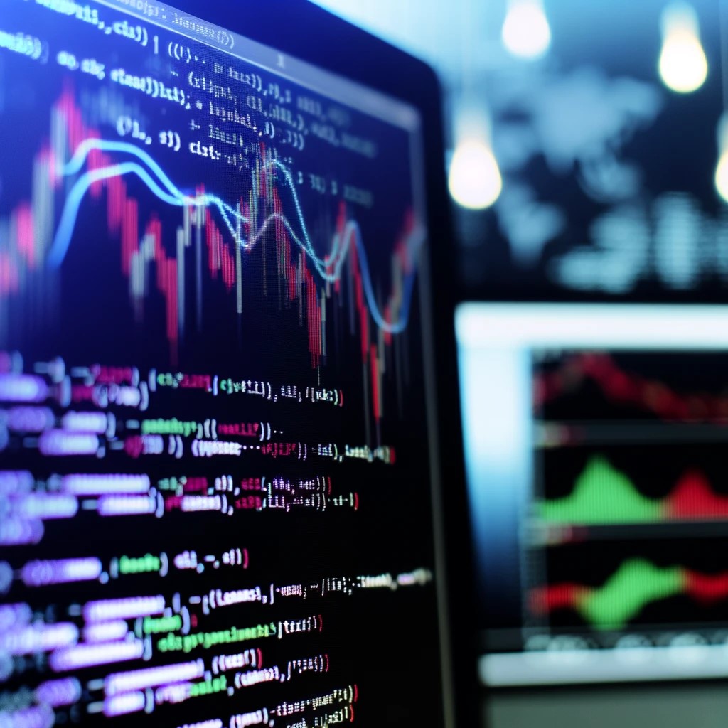 DALL·E 2024-06-04 12.27.02 - A close-up of an AI algorithm analyzing stock market data. The image shows a computer screen with code, stock charts, and data streams, highlighting t