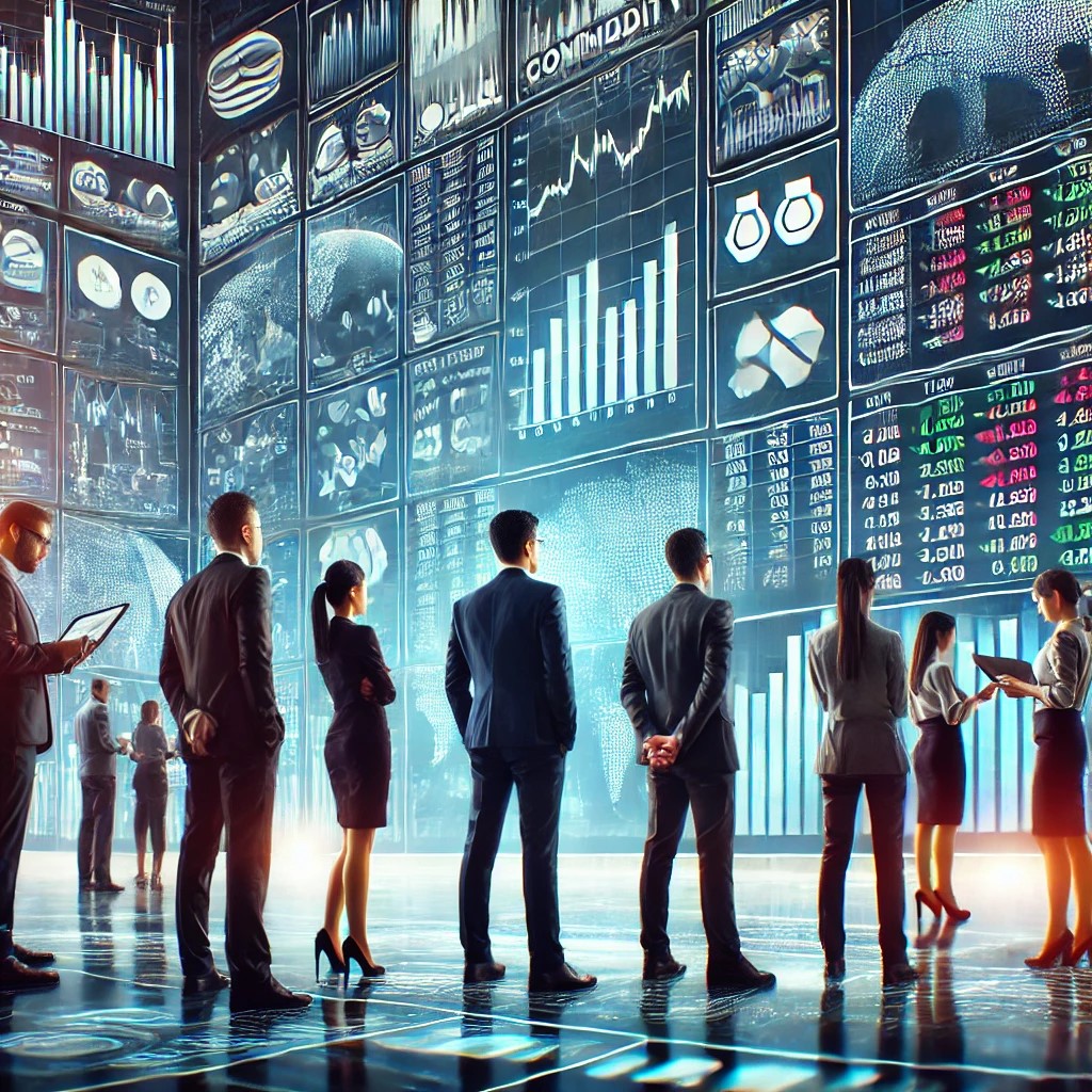 DALL·E 2024-07-03 16.44.43 - An image of a diverse group of investors analyzing commodity market data on digital screens in a modern trading floor environment. The scene shows scr