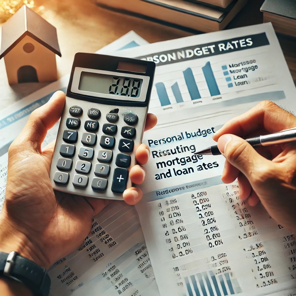 DALL·E 2024-07-07 23.01.23 - A close-up of a consumer's hand holding a calculator and financial documents, calculating personal budget adjustments due to higher mortgage and loan 