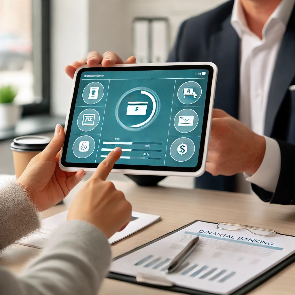 DALL·E 2024-07-27 11.15.00 - A financial advisor in a modern office using a tablet to demonstrate a digital banking app to a client. The screen shows various banking features such