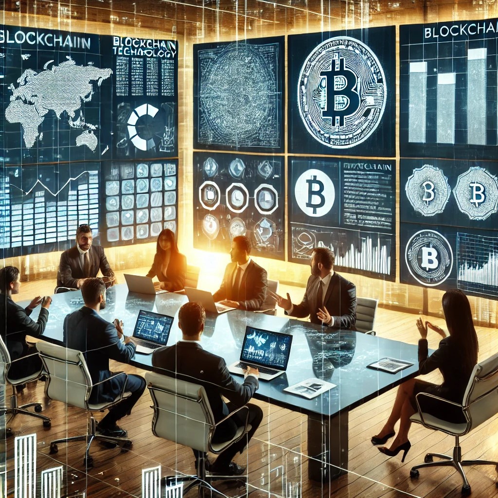 DALL·E 2024-07-27 11.15.02 - A group of financial analysts in a modern office discussing blockchain technology. The setting includes multiple screens displaying blockchain data, c