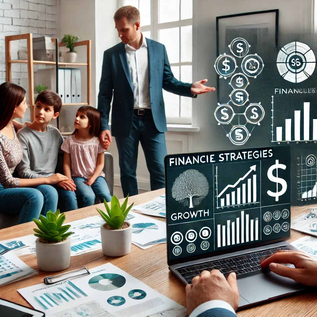 DALL·E 2024-07-27 11.17.49 - A financial advisor meeting with a family in a modern office. The screen shows financial plans and growth strategies for the family. The background in