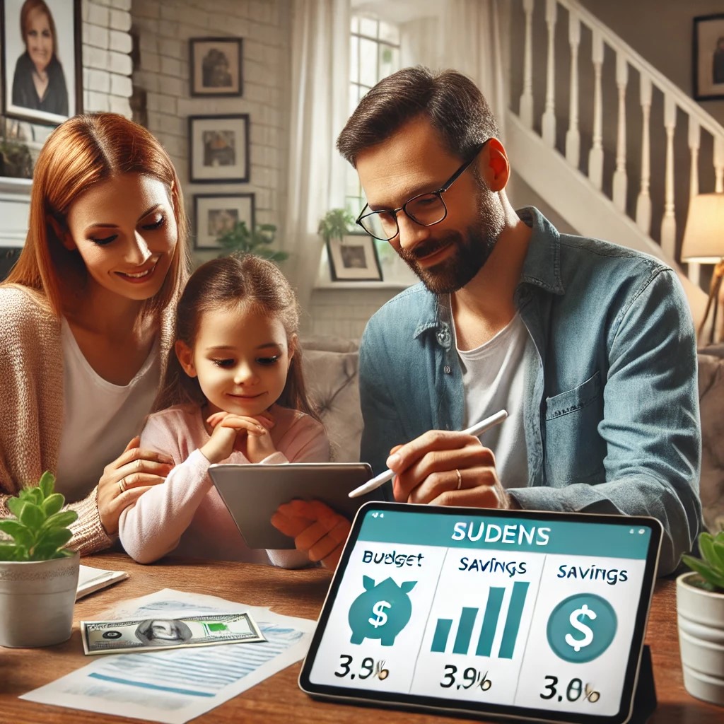 DALL·E 2024-07-27 11.17.48 - A family sitting together at a table using a financial app on a tablet. The screen shows budgeting and savings goals. The background includes a cozy l