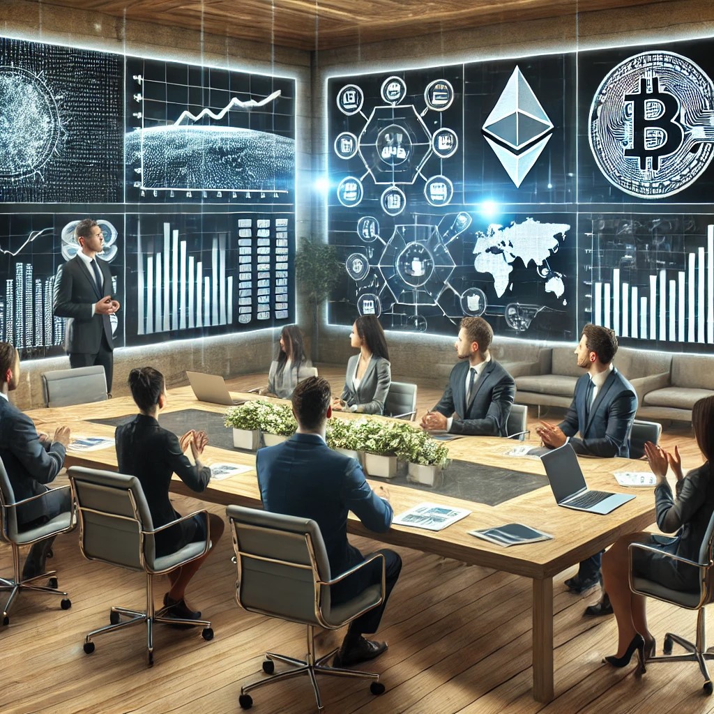 DALL·E 2024-07-27 11.20.09 - A group of financial professionals in a modern office discussing blockchain technology. The setting includes multiple screens displaying blockchain da