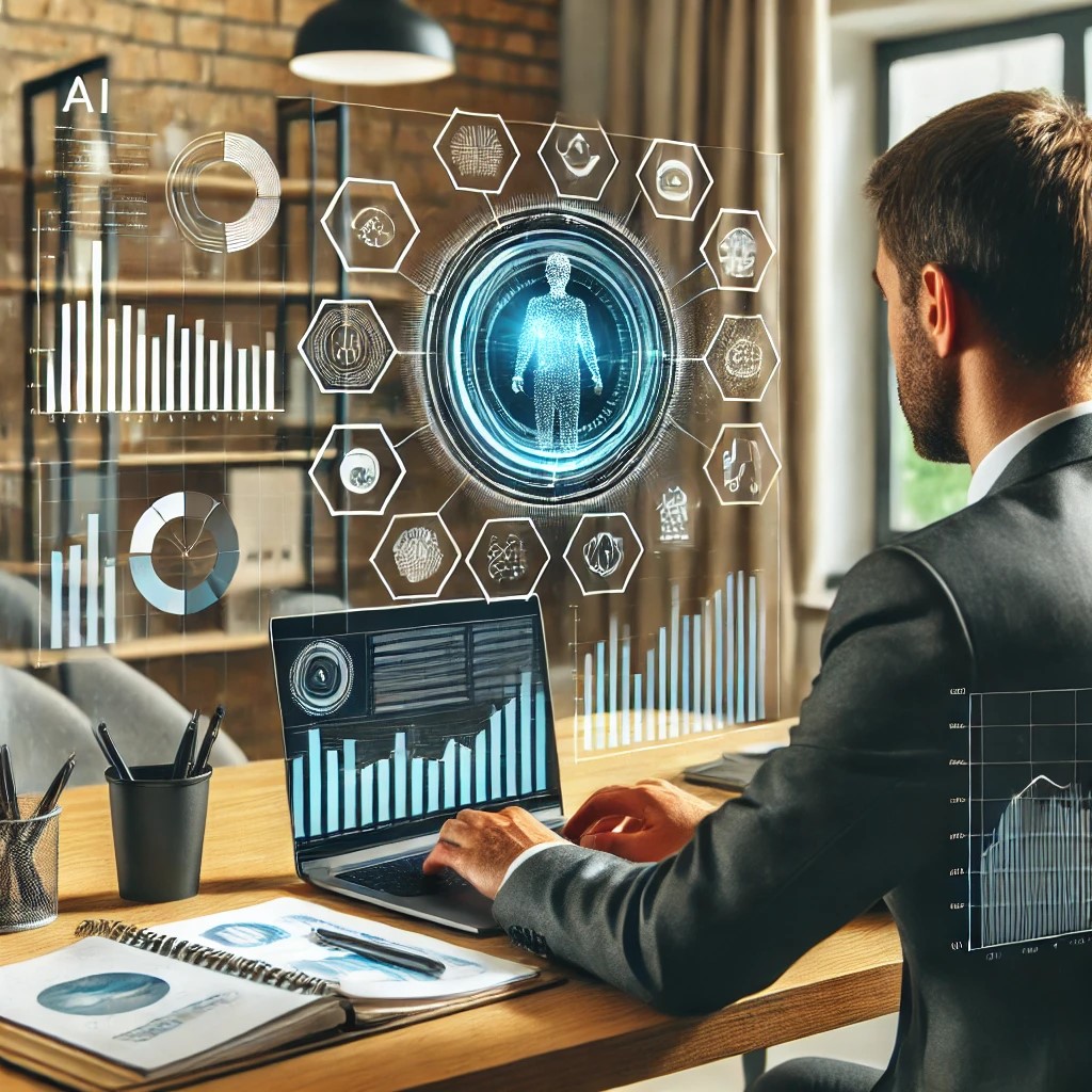 DALL·E 2024-07-27 11.20.07 - A financial advisor in a modern office using AI-driven software to analyze customer data. The screen shows graphs, charts, and predictive analytics. T