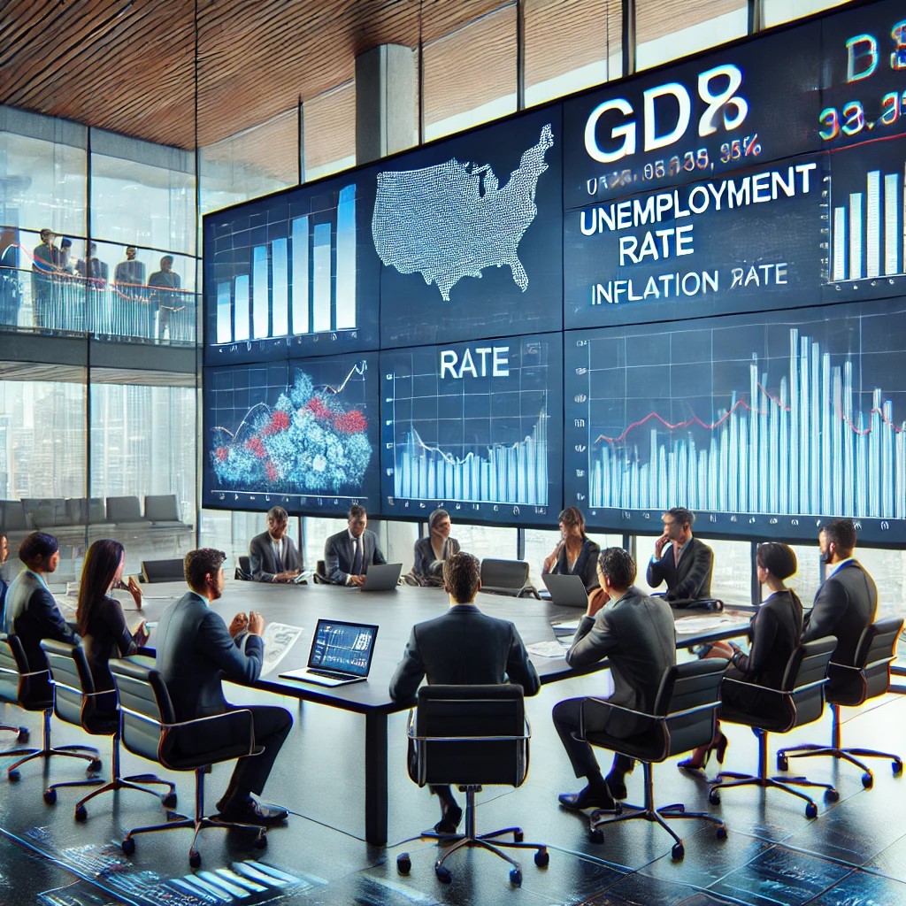 DALL·E 2024-07-27 11.24.44 - A group of financial analysts in a modern office discussing economic indicators. The setting includes multiple screens displaying graphs and charts of