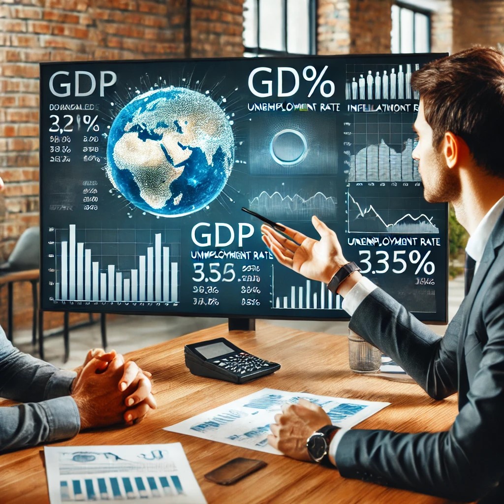 DALL·E 2024-07-27 11.24.48 - A financial advisor in a modern office explaining economic indicators to a client. The screen shows data visualizations of GDP, unemployment rate, and