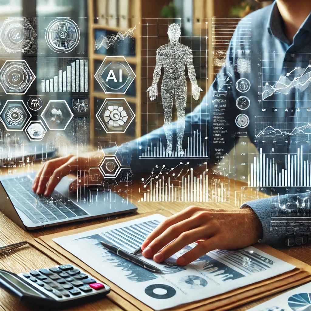 DALL·E 2024-07-27 11.24.46 - A financial analyst in a modern office using AI-driven software to analyze economic indicators. The screen shows data visualizations, predictive analy